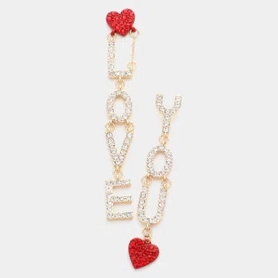 Fashnzfab Love You Rhinestone Embellished Heart Message Mismatched Dangle Earrings In Gold