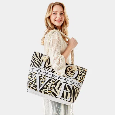 Fashnzfab Love Yourself Animal Pattern Beach Bag In Sand