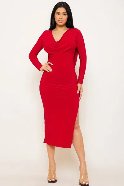 Fashnzfab Low Cowl Neck And Back Midi Dress In Red