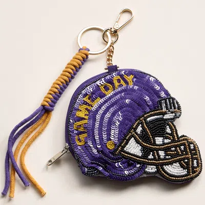 Fashnzfab Lsu Game Day Football Helmet Sequin Seed Beaded Knot Keychain Mini Pouch Bag In Multi