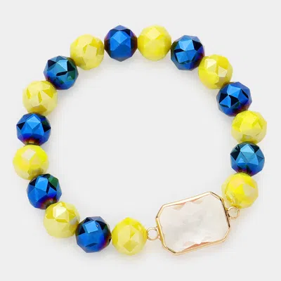 Fashnzfab Lucite Accented Faceted Beaded Stretch Bracelet Lucite, Navy, Yellow In Blue