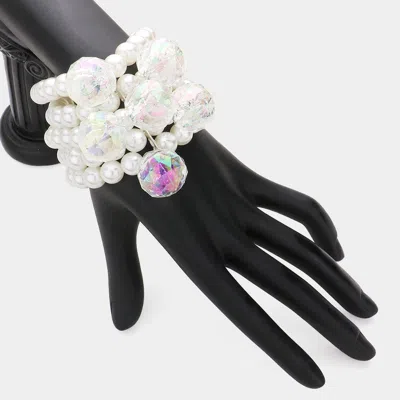 Fashnzfab Lucite Ball Pearl Stretch Bracelet White