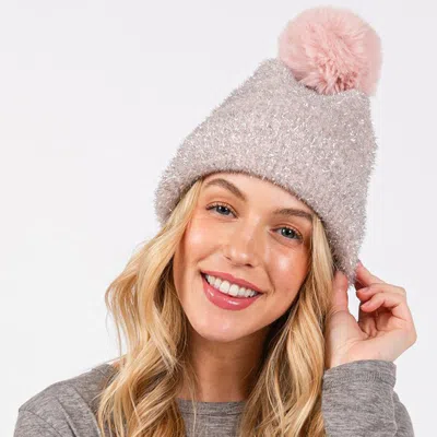 Fashnzfab Lurex Mixed Pom Pom Beanie Hat In Pink