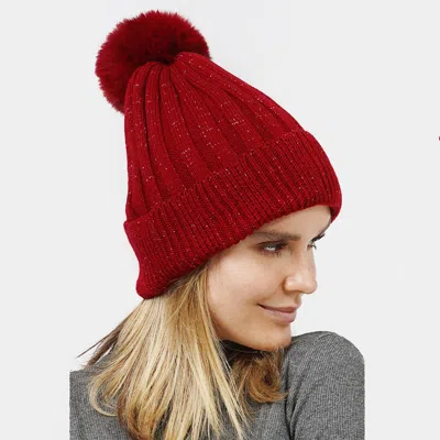 Fashnzfab Lurex Ribbed Knit Pom Pom Beanie Hat In Beige