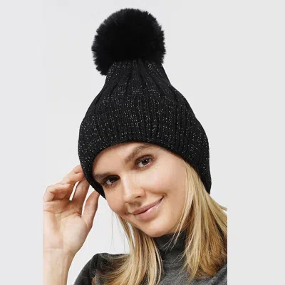 Fashnzfab Lurex Ribbed Knit Pom Pom Beanie Hat In Black