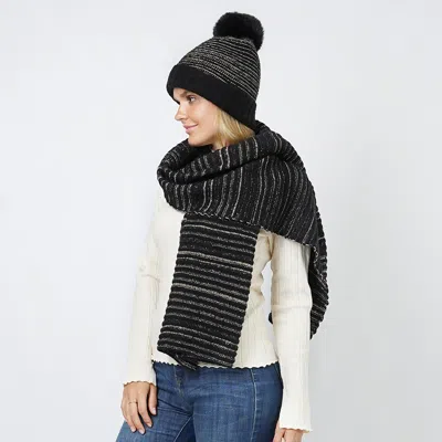 Fashnzfab Lurex Stripe Knit Hat Scarf Set In Black