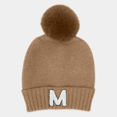 Fashnzfab -m- Initial Monogram Faux Fur Pom Pom Knit Beanie Hat In Brown