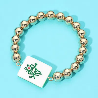 Fashnzfab Mahjong Tile Accent Beaded Stretch Bracelet In Gold