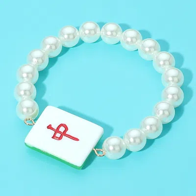 Fashnzfab Mahjong Tile Accent Pearl Beaded Stretch Bracelet Cream, Gold In White