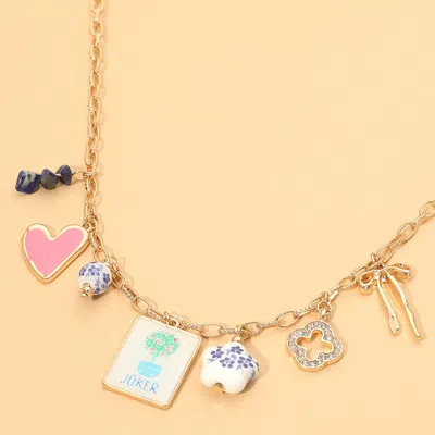 Fashnzfab Mahjong Tile Bow Heart Quatrefoil Flower Charm Station Necklace In Silver