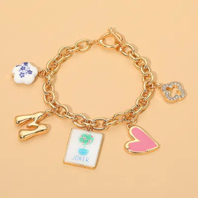 Fashnzfab Mahjong Tile Heart Quatrefoil Floral Initial M Charm Station Toggle Bracelet In Gold