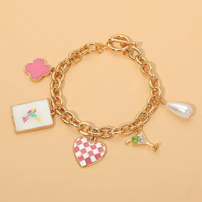 Fashnzfab Mahjong Tile Pearl Quatrefoil Checkered Heart Martini Glass Charm Station Toggle Bracelet In Gold