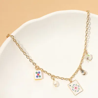 Fashnzfab Mahjong Tile Pearl Stone Charm Necklace In Multi