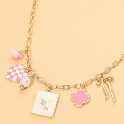 Fashnzfab Mahjong Tile Quatrefoil Bow Checkered Heart Charm Station Necklace In Pink