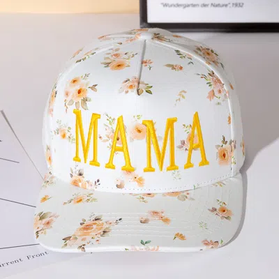 Fashnzfab Mama Floral Embroidered Five Panel Canvas Snapback Baseball Cap In White