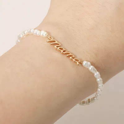 Fashnzfab Mama Script Plate Pearl Beaded Stretch Bracelet In Gold
