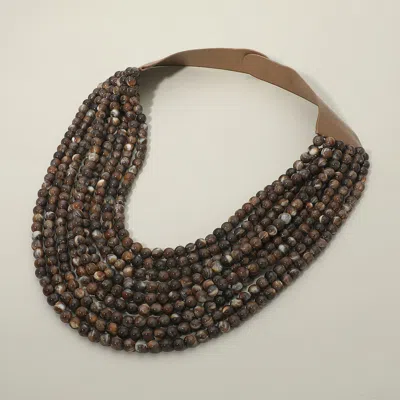Fashnzfab Marbled Ball Beaded Multi Layered Faux Leather Magnetic Necklace In Brown