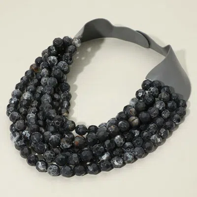 Fashnzfab Marbled Faceted Ball Beaded Multi Layered Faux Leather Magnetic Necklace In Gray