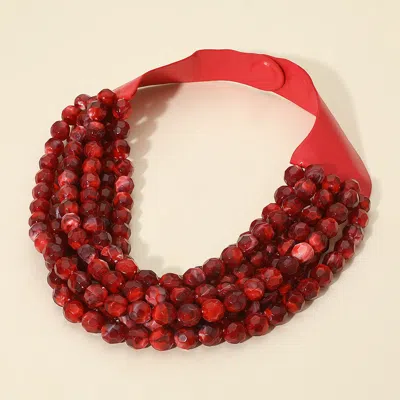 Fashnzfab Marbled Faceted Ball Beaded Multi Layered Faux Leather Magnetic Necklace In Red