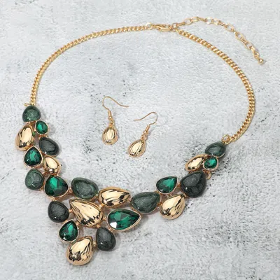 Fashnzfab Marbled Metal Teardrop Stone Embellished Plated Statement Necklace - Gold, Green In Multi