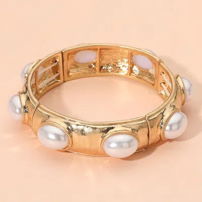 Fashnzfab Marbled Oval Pearl Stone Accent Hammered Metal Beaded Stretch Bracelet In White