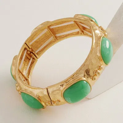 Fashnzfab Marbled Oval Stone Accent Boho Hammered Metal Stretch Bracelet Green