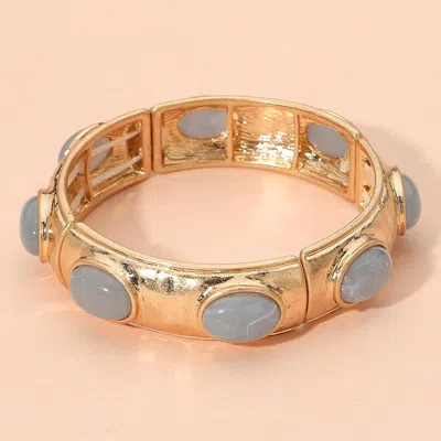 Fashnzfab Marbled Oval Stone Accent Hammered Metal Beaded Stretch Bracelet In Gold