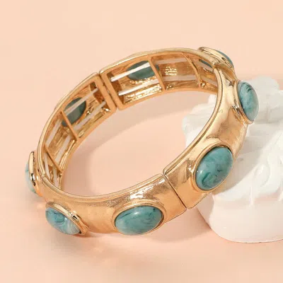 Fashnzfab Marbled Oval Stone Accent Hammered Metal Beaded Stretch Bracelet In Gold