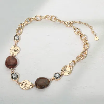 Fashnzfab Marbled Resin Pebble Hammered Metal Plate Stone Cluster Link Necklace In Multi