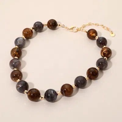 Fashnzfab Marbled Round Faceted Metal Beaded Necklace In Brown