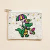Fashnzfab Mardi Gras Alligator Sequin Pearl Ball Seed Beaded Mini Pouch Bag In White