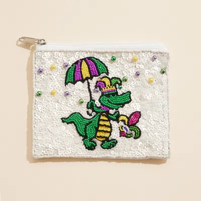 Fashnzfab Mardi Gras Alligator Sequin Pearl Ball Seed Beaded Mini Pouch Bag In White