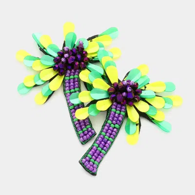 Fashnzfab Mardi Gras Beaded Palm Tree Earrings In Blue
