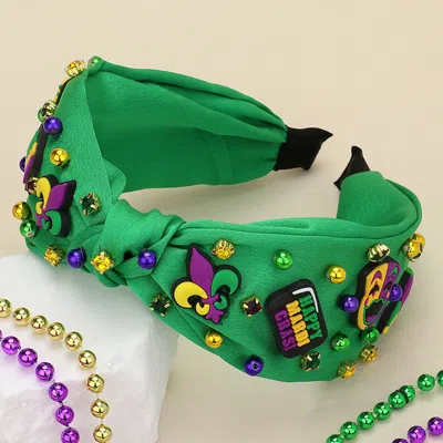 Fashnzfab Mardi Gras Charm Stone Cluster Embellished Knot Headband In Green