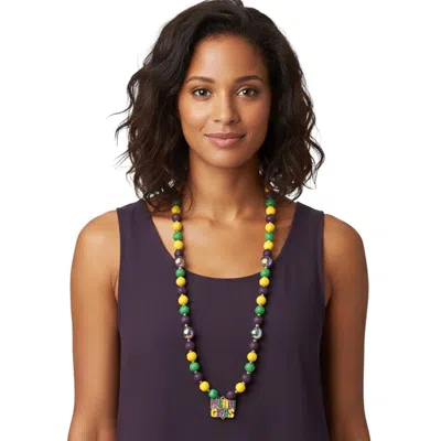 Fashnzfab Mardi Gras Charm Wooden Beaded Long Necklace In Multi