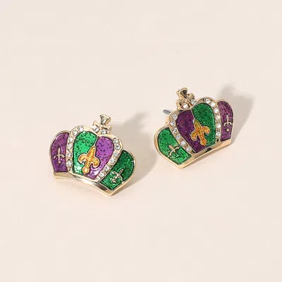 Fashnzfab Mardi Gras Crown Stud Earrings Gold In Green