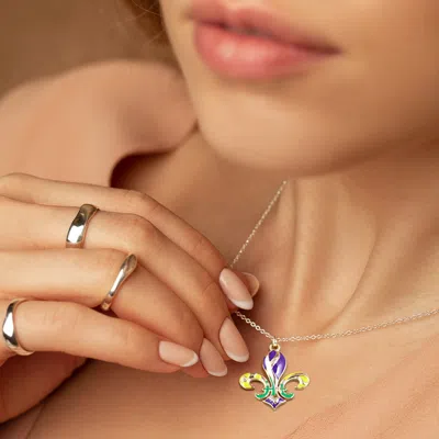 Fashnzfab Mardi Gras Enamel Fleur De Lis Pendant Necklace In Silver