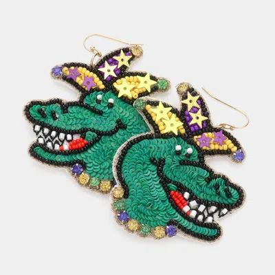 Fashnzfab Mardi Gras Felt Back Beaded Alligator Dangle Earrings - Multi In Green