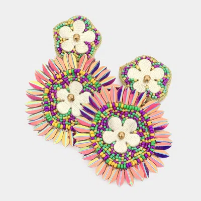 Fashnzfab Mardi Gras Felt Back Flower Pointed Seed Beaded Round Dangle Earrings In Multi