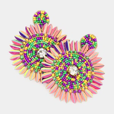 Fashnzfab Mardi Gras Felt Back Seed Beaded Round Dangle Earrings In Pink