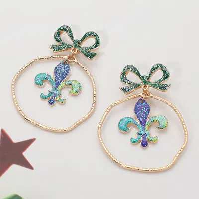 Fashnzfab Mardi Gras Fleur De Lis Bow Hoop Drop Dangle Earrings In Gold