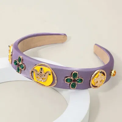 Fashnzfab Mardi Gras Fleur De Lis Crown Gemstone Charm Embellished Headband - Gold, Multi In Blue