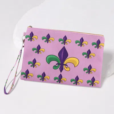 Fashnzfab Mardi Gras Fleur De Lis Pattern Printed Pouch Bag / Clutch Bag With Wristlet In Multi