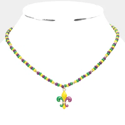 Fashnzfab Mardi Gras Fleur De Lis Pendant Wood Ball Necklace In Green
