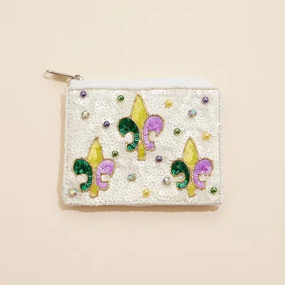 Fashnzfab Mardi Gras Fleur De Lis Sequin Stone Pearl Ball Seed Beaded Mini Pouch Bag In Multi