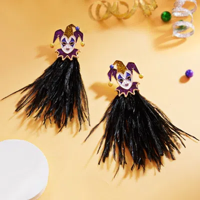 Fashnzfab Mardi Gras Glittered Jester Pierrot Feather Earrings - Jet Black