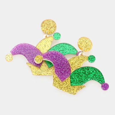 Fashnzfab Mardi Gras Glittered Resin Hat Dangle Earrings In Green