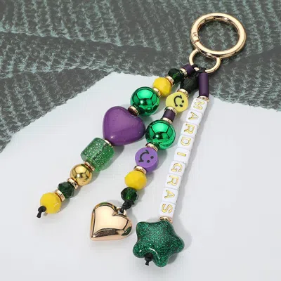 Fashnzfab Mardi Gras Heart Star Charm Beaded Drop Keychain Bag Charm In Multi