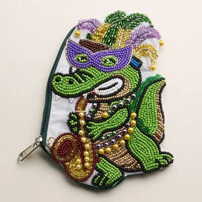 Fashnzfab Mardi Gras Jester Alligator Seed Beaded Mini Pouch Bag In Green