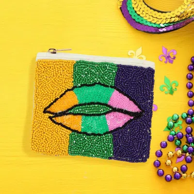Fashnzfab Mardi Gras Lips Seed Beaded Mini Pouch Bag In Multi
